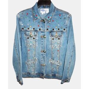 DG2 Diane Gilman Denim Jacket Women's Small Canchos Studs Rhinestones